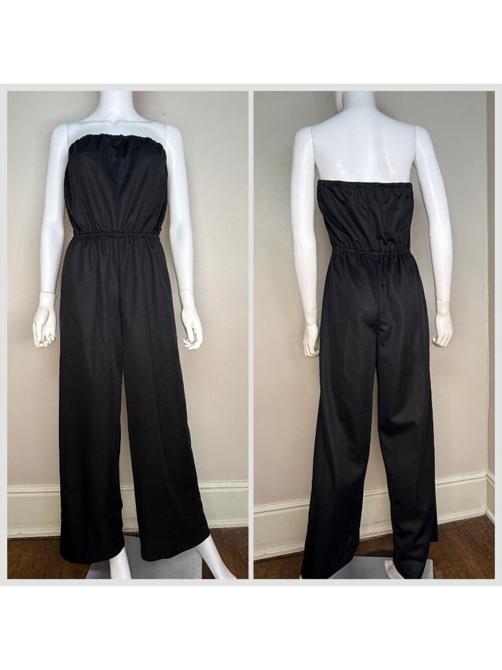 Vintage 1970s Black Strapless Wide Leg Jumpsuit, Handmade Size Small/Medium